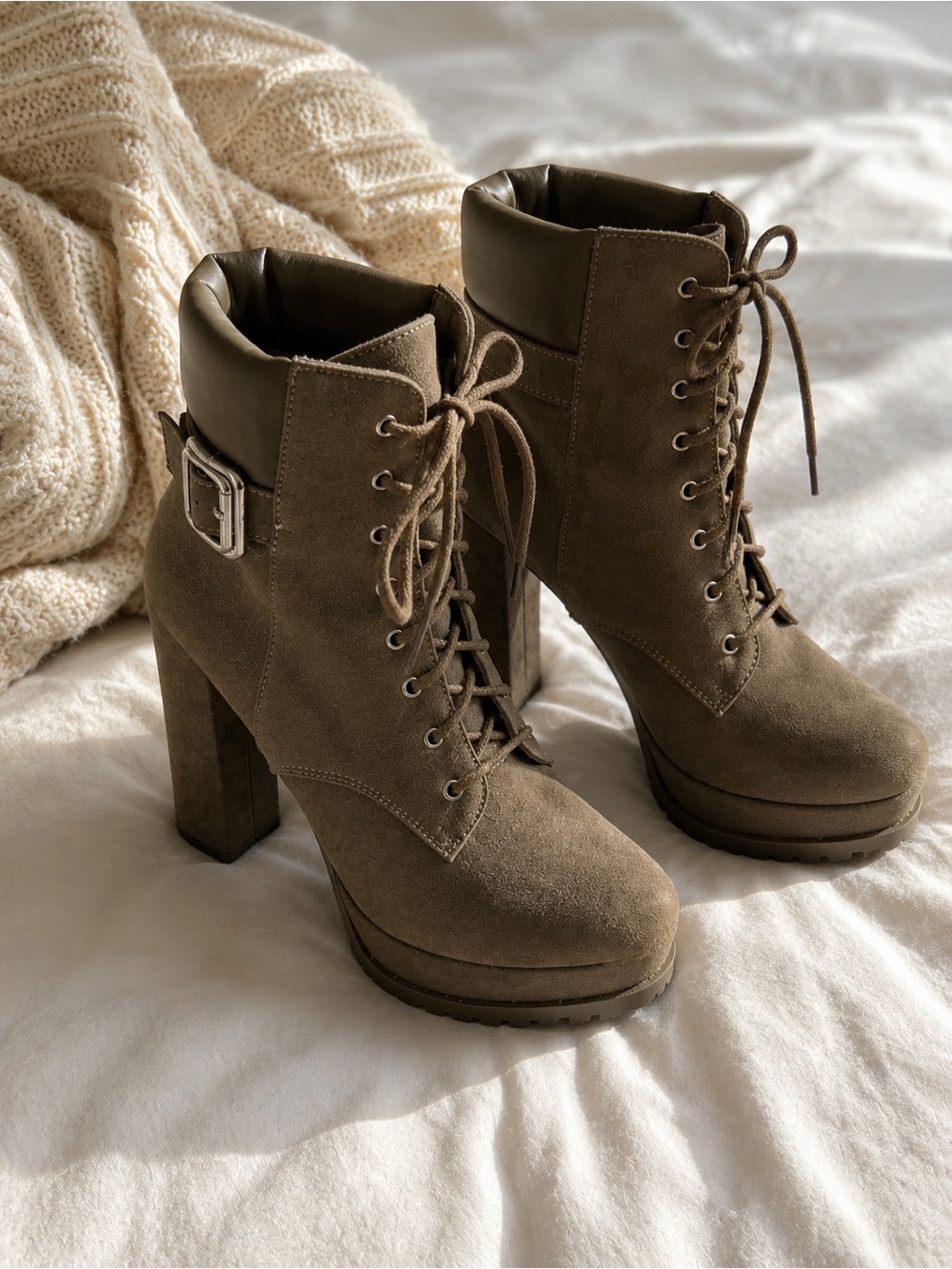 Alix Brown Lace-Up Platform Ankle Boots Buckle Detail Chunky Heel Size‎ 8
